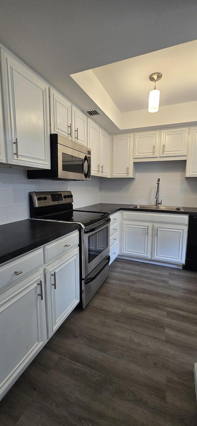 kitchen with a raised ceiling, appliances with stainless steel finishes, dark wood-type flooring, sink, and white cabinetry