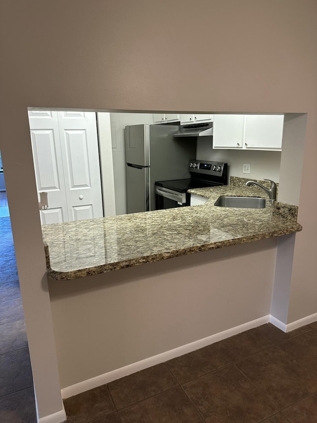 kitchen with sink, stainless steel appliances, light stone counters, kitchen peninsula, and white cabinets