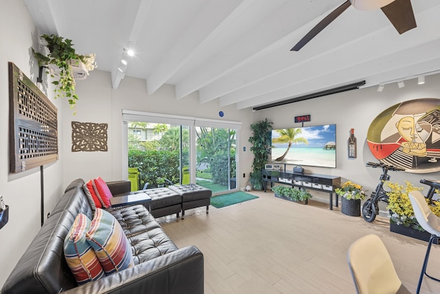 living room featuring light wood-type flooring, track lighting, beam ceiling, and ceiling fan