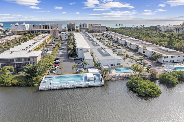 drone / aerial view featuring a water view