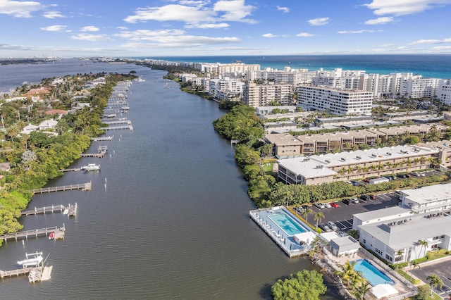 drone / aerial view with a water view