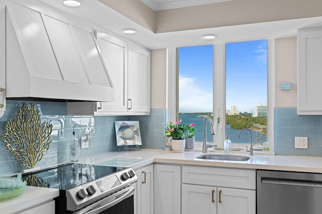 kitchen featuring white cabinets, stainless steel appliances, sink, a water view, and custom range hood