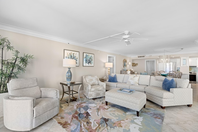 living room featuring light tile patterned flooring, ceiling fan, and ornamental molding