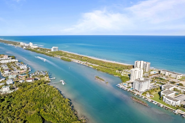 drone / aerial view featuring a water view and a view of the beach