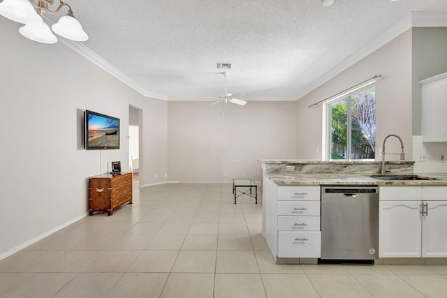 kitchen featuring ceiling fan, dishwasher, sink, a textured ceiling, and white cabinets