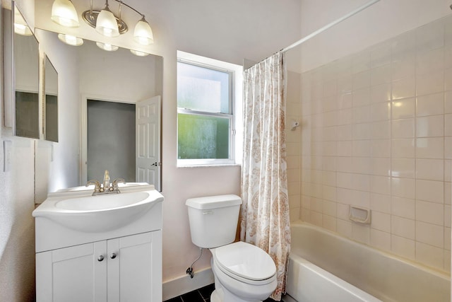 full bathroom featuring tile patterned flooring, vanity, shower / bath combination with curtain, and toilet