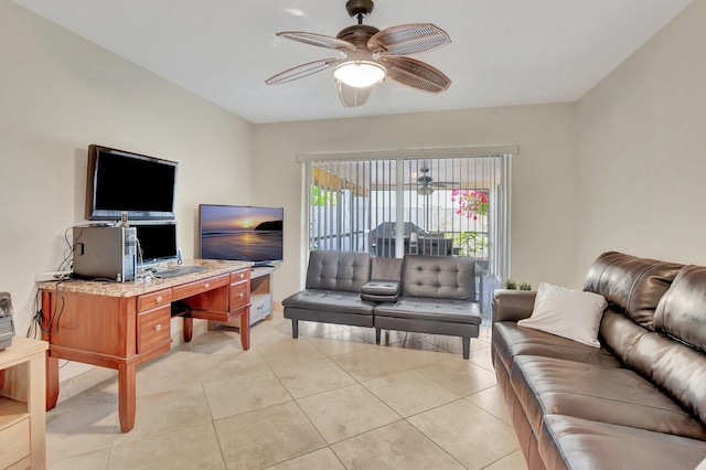 interior space featuring ceiling fan