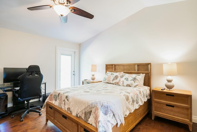 2897 SE Saint Lucie Blvd, Stuart, FL 34997 - bedroom featuring a ceiling fan, vaulted ceiling, and dark wood-type flooring