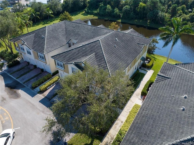 drone / aerial view featuring a water view