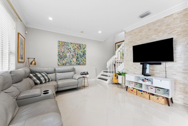 tiled living room featuring ornamental molding