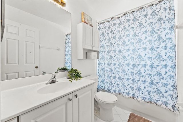 full bathroom featuring toilet, shower / tub combo, tile patterned floors, and vanity