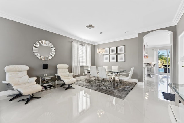 living area featuring a chandelier, light tile patterned floors, and crown molding