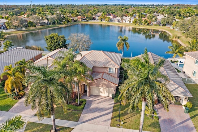 aerial view featuring a water view