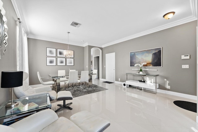 tiled living room with an inviting chandelier and ornamental molding