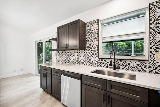 kitchen featuring dark brown cabinets, stainless steel dishwasher, plenty of natural light, and sink