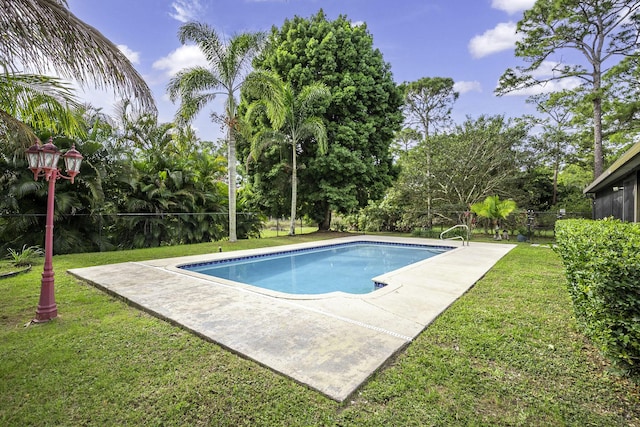 view of pool featuring a lawn