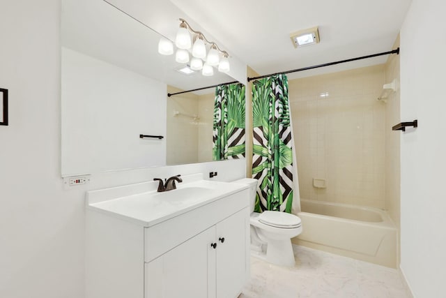 full bathroom with vanity, shower / tub combo with curtain, and toilet