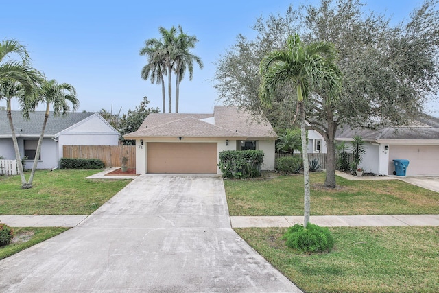 ranch-style home with a garage and a front lawn