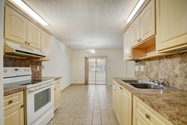 kitchen with white electric range, sink, light tile patterned floors, tasteful backsplash, and a notable chandelier