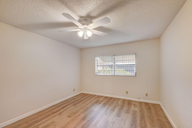 unfurnished room featuring ceiling fan, light hardwood / wood-style floors, and a textured ceiling