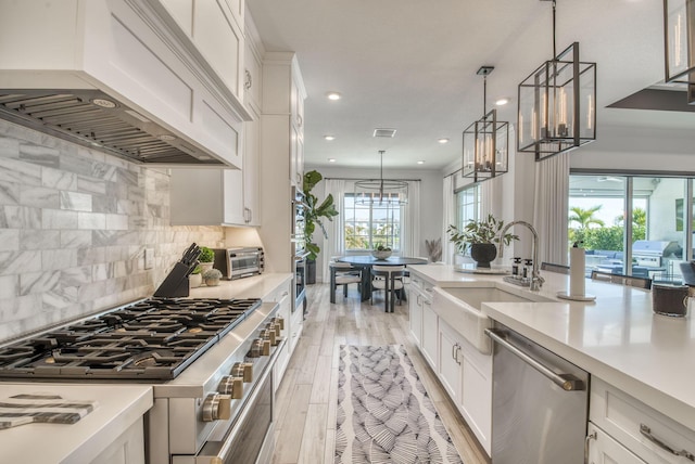 kitchen with white cabinets, sink, premium range hood, and stainless steel appliances