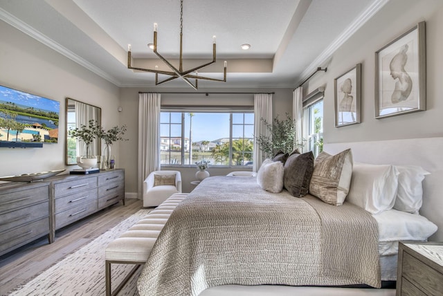 bedroom featuring light hardwood / wood-style floors, a tray ceiling, and multiple windows