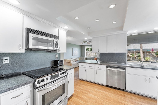 kitchen with light hardwood / wood-style floors, a raised ceiling, sink, white cabinetry, and appliances with stainless steel finishes