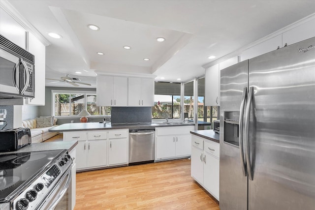 kitchen featuring stainless steel appliances, a healthy amount of sunlight, white cabinetry, and a tray ceiling