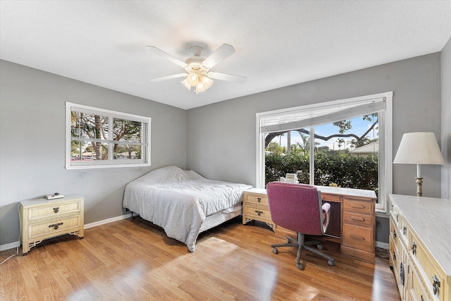 bedroom featuring ceiling fan and light wood-type flooring