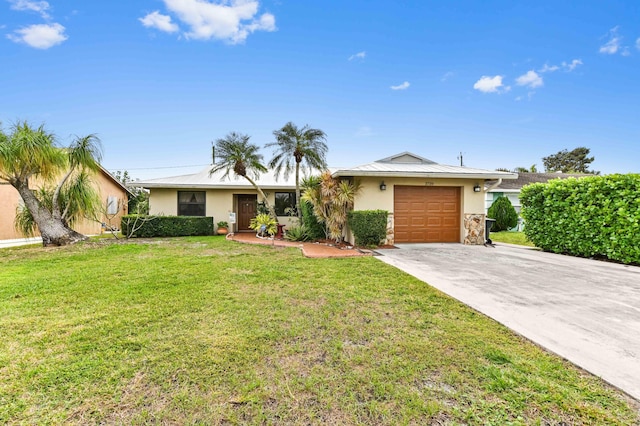 ranch-style home with a front lawn and a garage