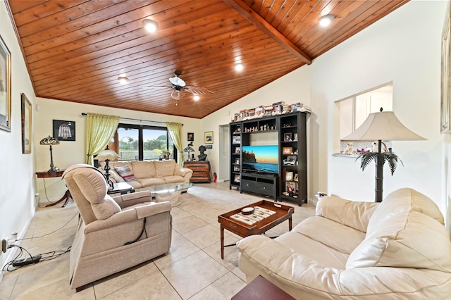 tiled living room featuring high vaulted ceiling, wooden ceiling, and ceiling fan