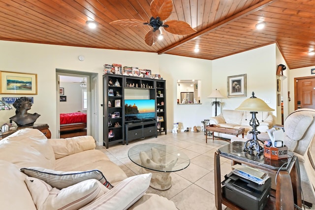 tiled living room featuring ceiling fan and wooden ceiling