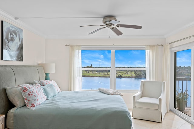 bedroom featuring ornamental molding, ceiling fan, light tile patterned floors, and a water view