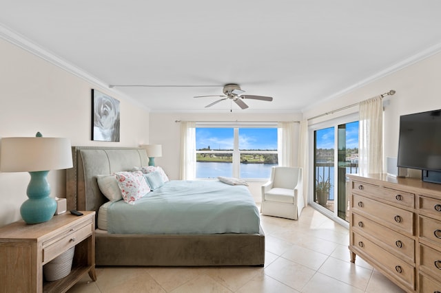 bedroom featuring light tile patterned floors, ceiling fan, crown molding, and access to exterior