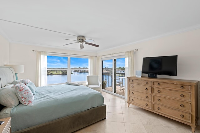 bedroom featuring ceiling fan, ornamental molding, and access to exterior