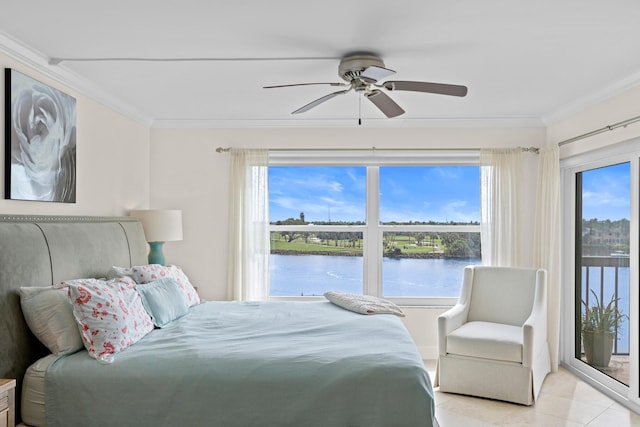 tiled bedroom featuring ornamental molding, ceiling fan, and a water view