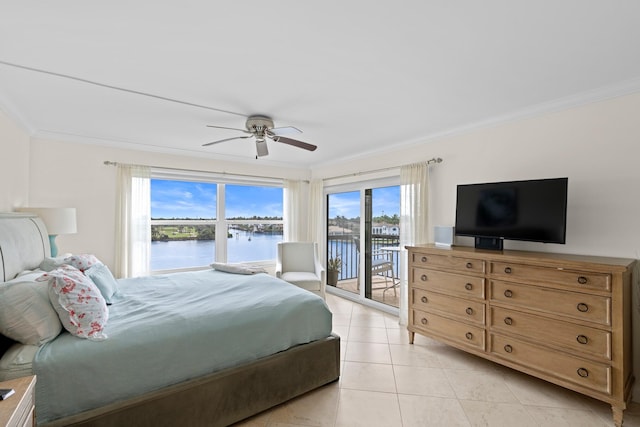 tiled bedroom with access to outside, ceiling fan, and crown molding