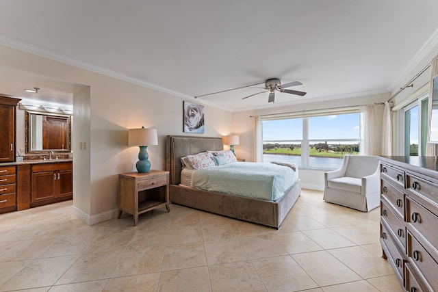 tiled bedroom featuring sink, a water view, connected bathroom, ceiling fan, and ornamental molding