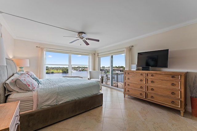 bedroom featuring access to outside, light tile patterned flooring, ceiling fan, and crown molding