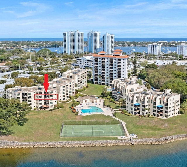 drone / aerial view featuring a water view