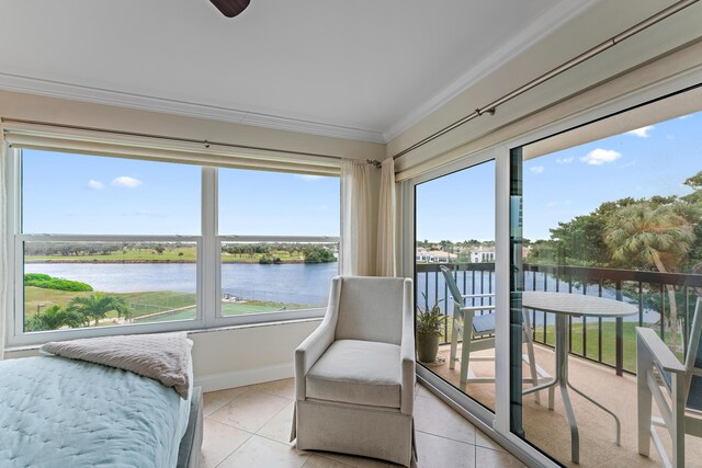 sunroom with a water view