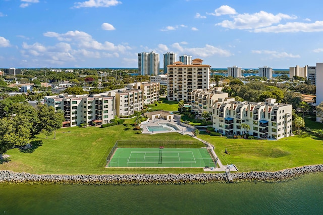 drone / aerial view featuring a water view