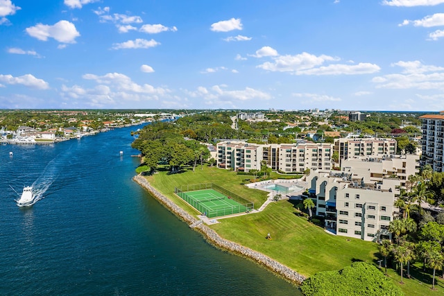 drone / aerial view with a water view