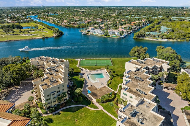 bird's eye view with a water view