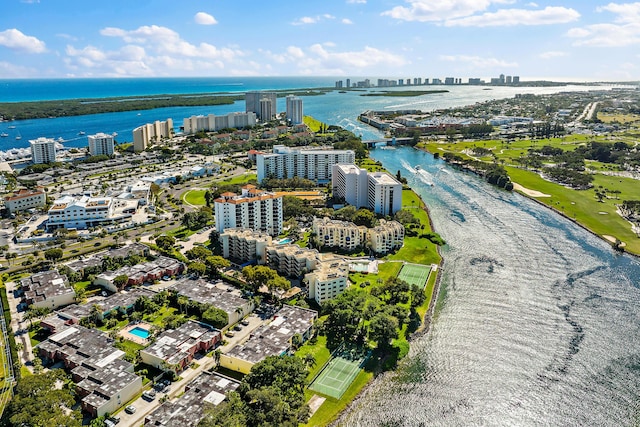 drone / aerial view featuring a water view