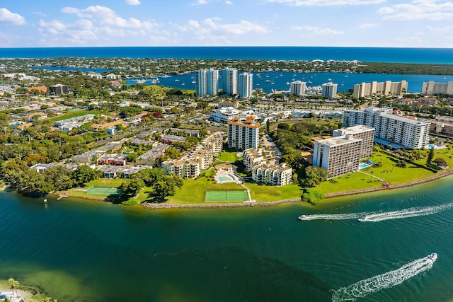 aerial view featuring a water view