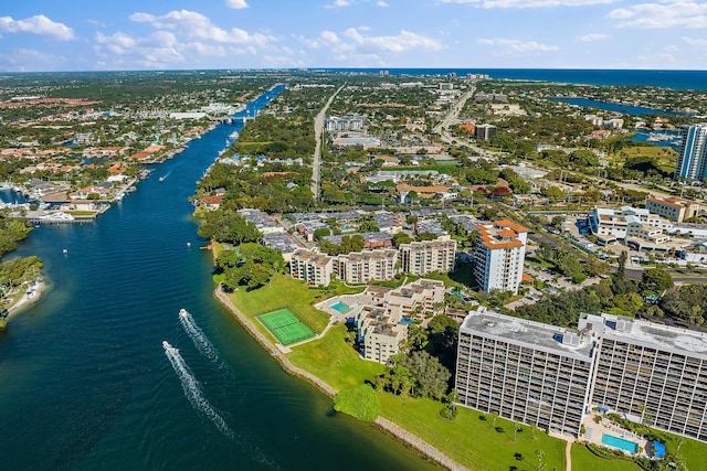 drone / aerial view featuring a water view