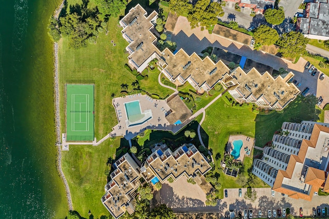 birds eye view of property featuring a water view