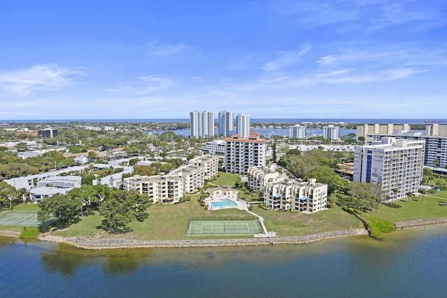 aerial view featuring a water view