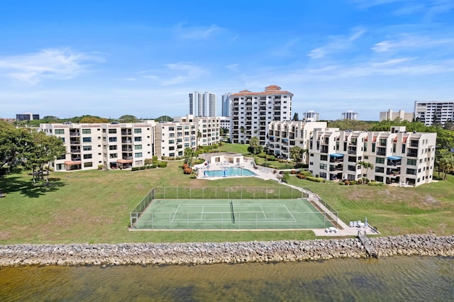 drone / aerial view featuring a water view